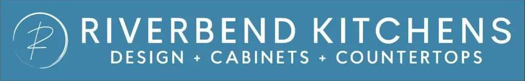 Riverbend Kitchens logo with the text Design + Cabinets + Countertops on a blue background and a circular emblem on the left.