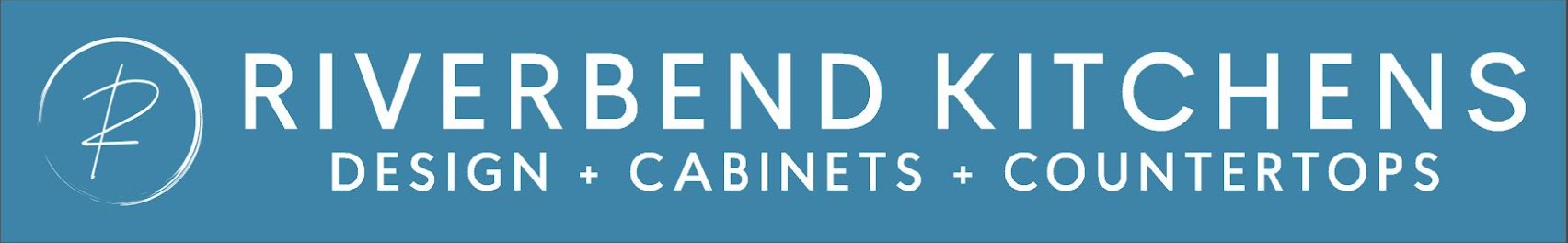 Riverbend Kitchens logo with the text Design + Cabinets + Countertops on a blue background and a circular emblem on the left.