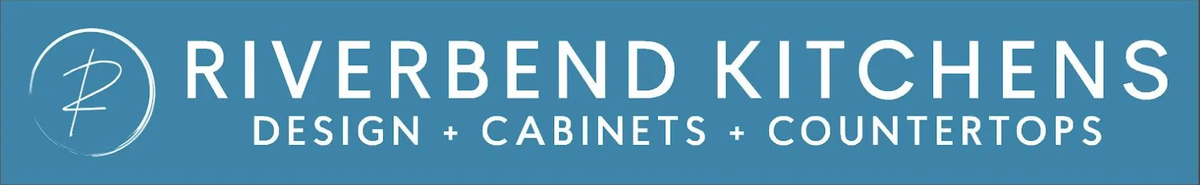 Riverbend Kitchens logo with the text Design + Cabinets + Countertops on a blue background and a circular emblem on the left.