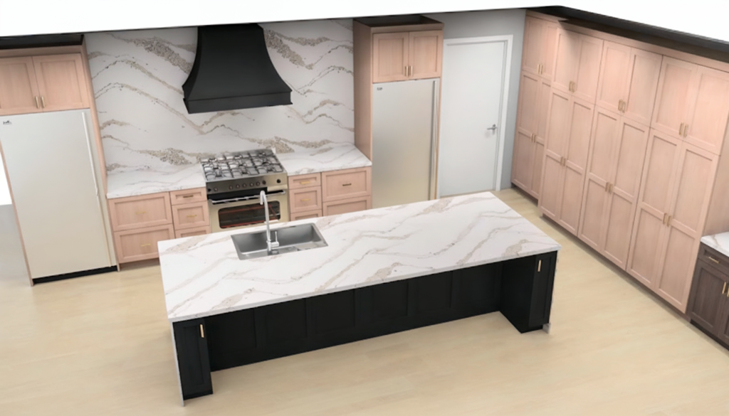 Modern kitchen with light wood cabinets, marble countertops, a central island with a sink, a gas stove, double refrigerators, and a black range hood.