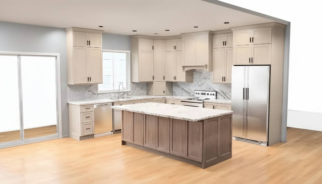 Modern kitchen with light wood cabinets, stainless steel appliances, marble countertops, a central island, and light hardwood floors. Large windows and sliding glass doors provide natural light.