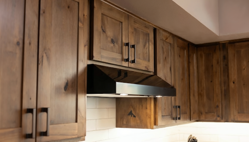 Upper kitchen cabinets made of wood with black handles, a stainless steel range hood, and white subway tile backsplash are shown in this image.