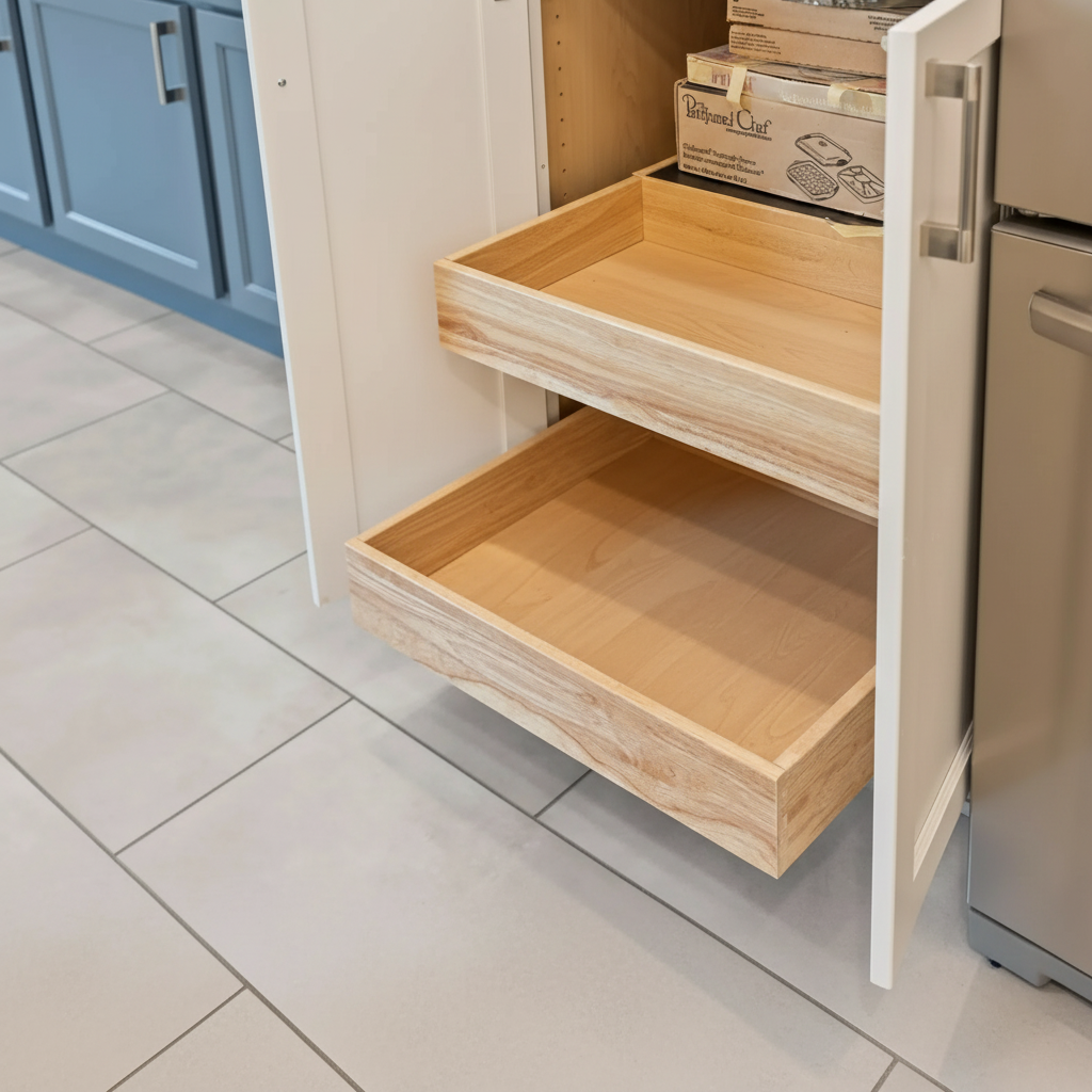 Cabinet with two wooden pull-out shelves, one containing bakeware and the other empty, in a modern kitchen with tile flooring.