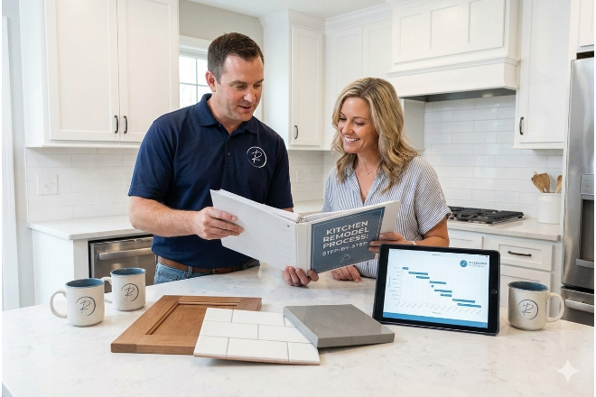 A man and woman stand in a modern kitchen, reviewing a binder labeled Kitchen Remodel Process with samples and a tablet displaying a chart on the countertop.