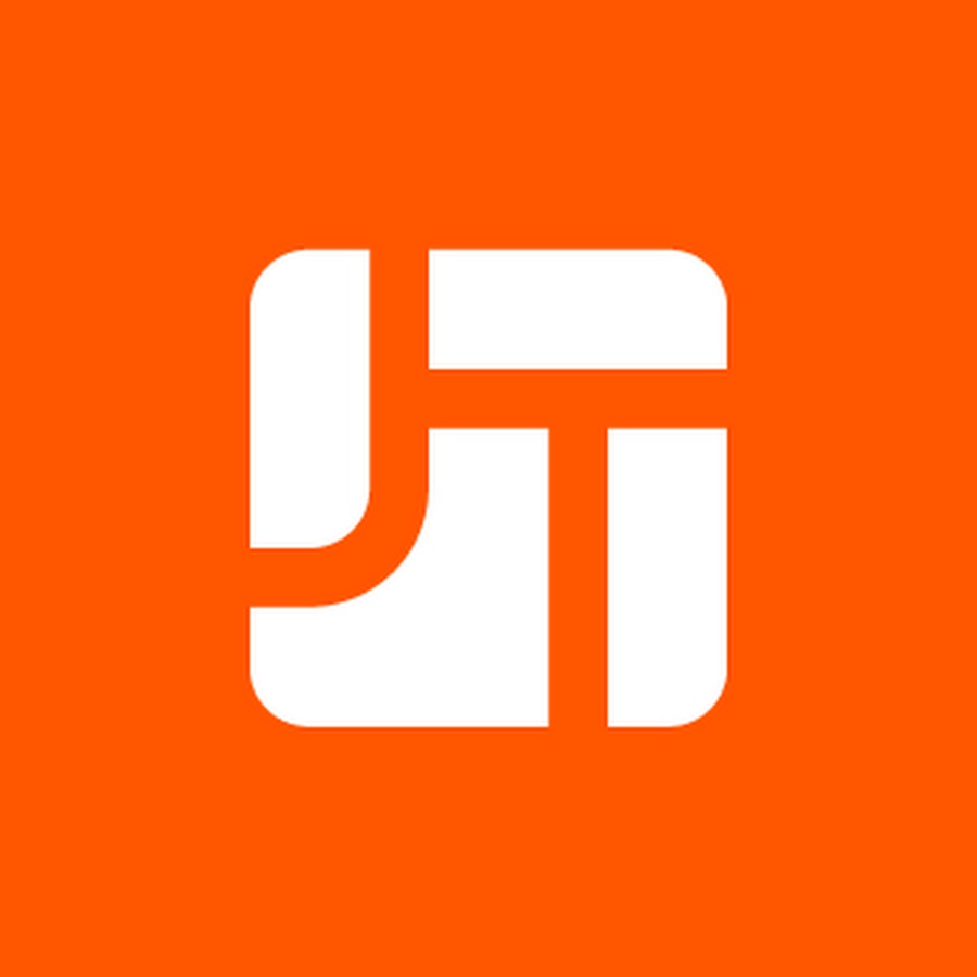 A white geometric logo with curved and straight lines forming an abstract shape, centered on an orange background.