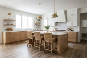 Modern kitchen with light wood cabinets, white countertops, three wicker barstools at an island, pendant lights, open shelving, and a large window.