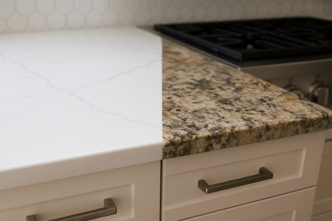 A kitchen countertop showing a split between white quartz on the left and speckled granite on the right, with a stove and white cabinets below.