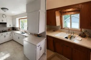 Before-of-dark-wood-cabinets-and-after-of-light-white-cabinets-in-a-kitchen-cabinet-reface-by-Riverbend-Kitchens